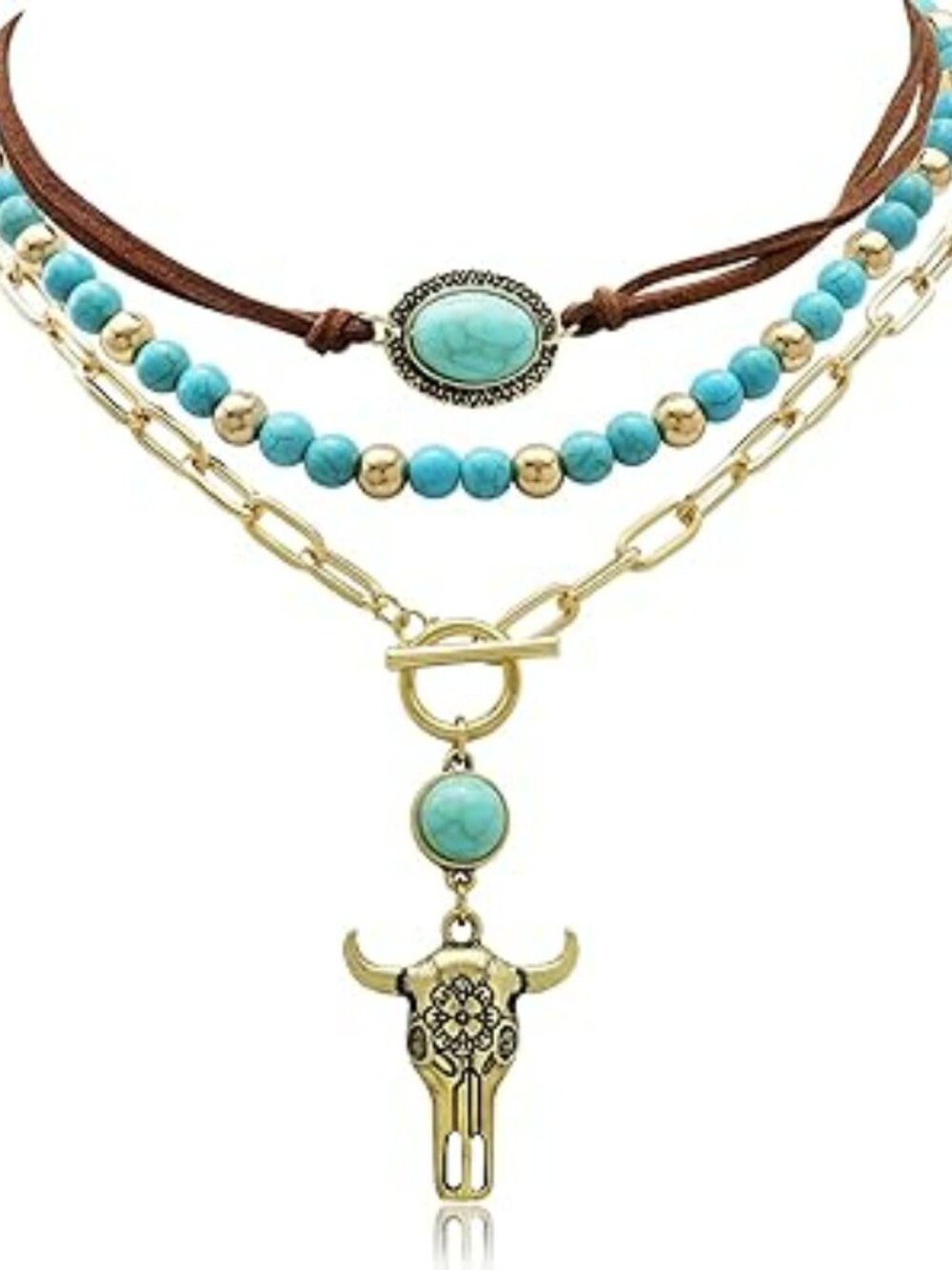 New Cowgirl Accessory Turquoise Bead Western Jewelry Boho Necklace Steer Head